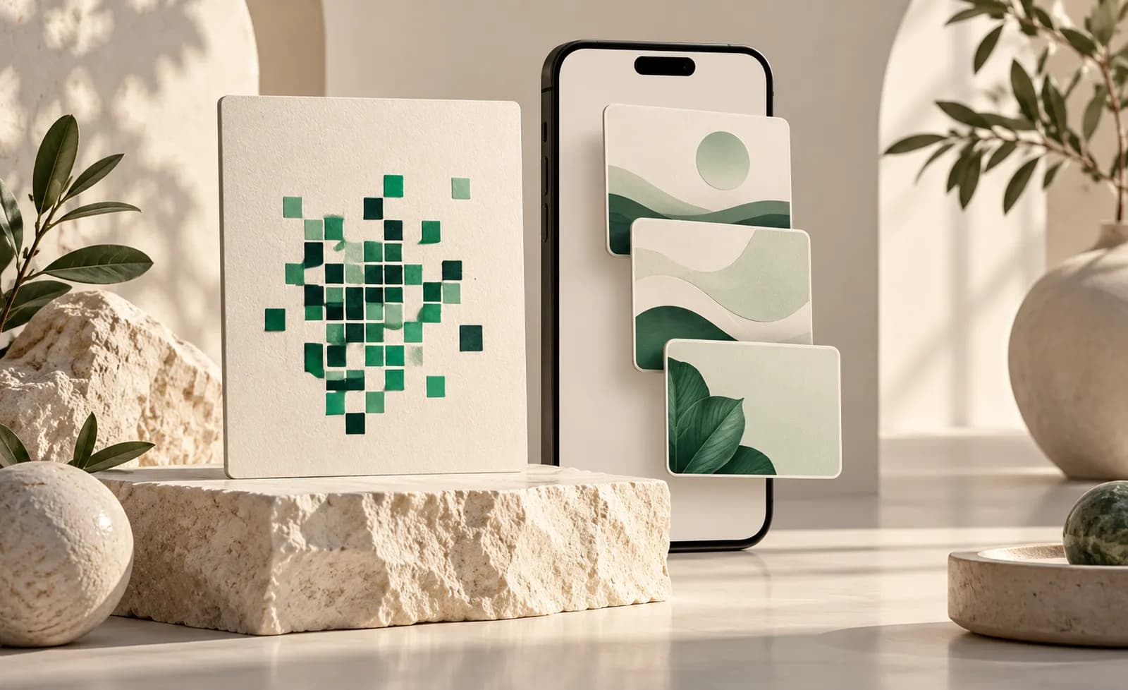 Illustration eines dauerhaften QR-Musters neben wechselnden Inhaltskarten auf einem Smartphone